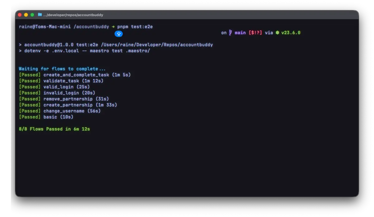 Screenshot of Maestro CLI output showing a suite of tests passing with green highlights