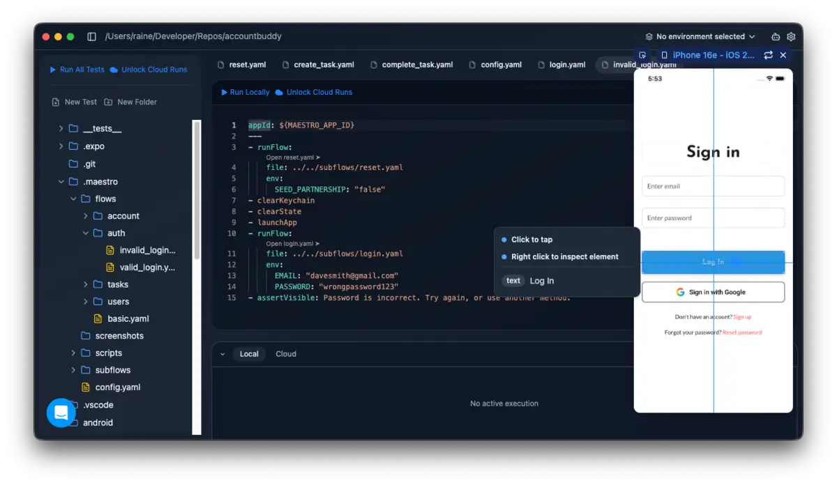 Screenshot of Maestro Studio showing the element inspector and a YAML flow being built